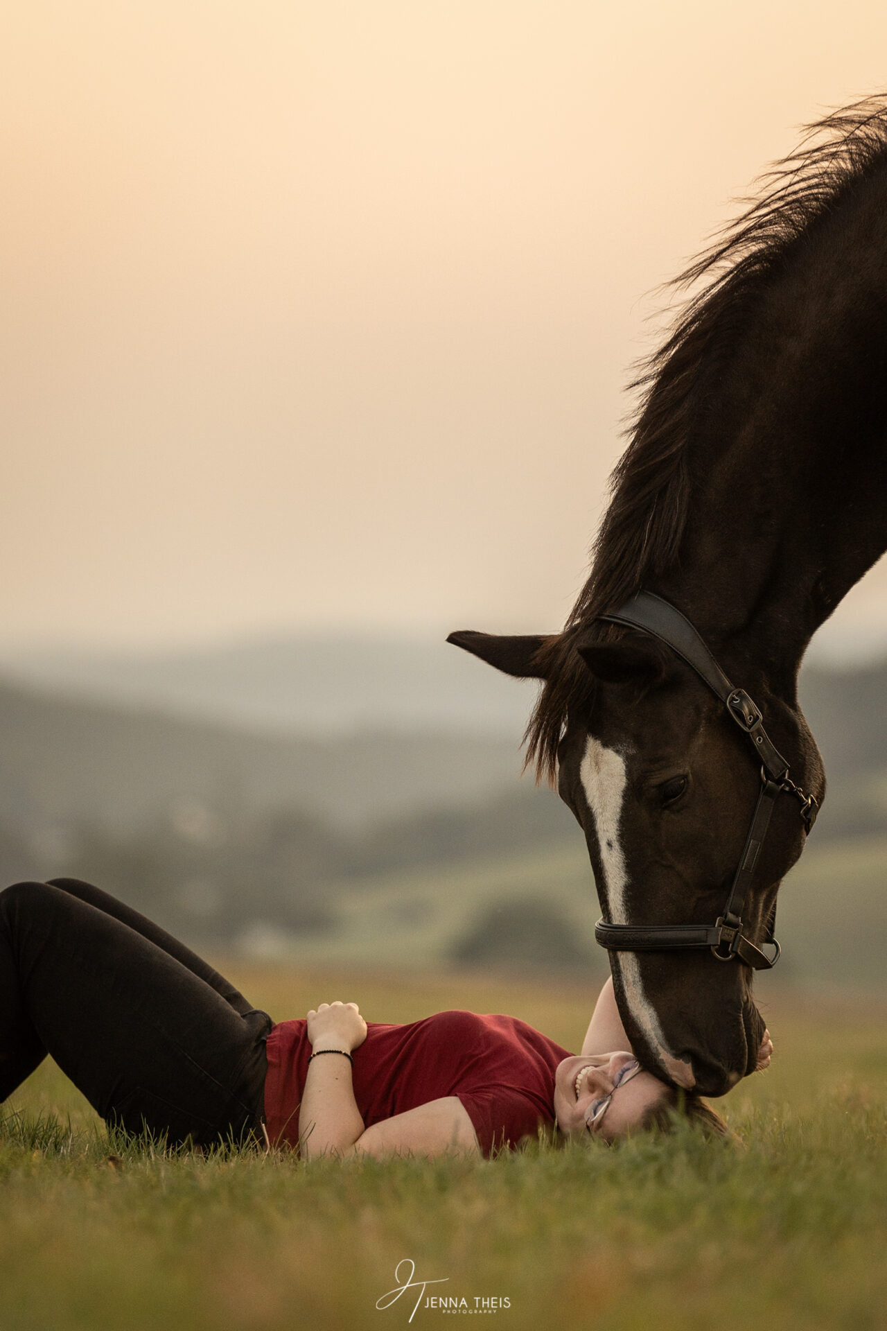 Frau liegt auf einer Wiese auf dem Rücken, ihr Schweres Warmblut beugt den Kopf zu ihr herunter